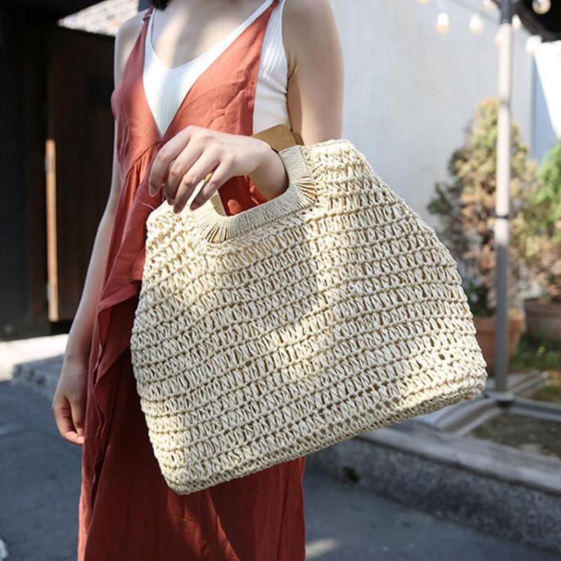 Straw Handbag with Wooden Handle