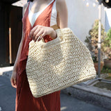 Straw Handbag with Wooden Handle