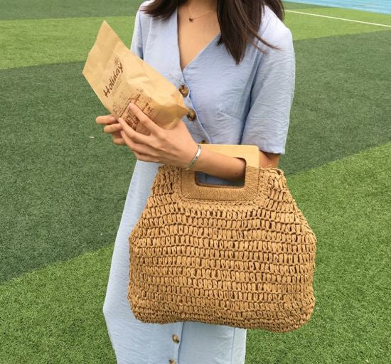 Straw Handbag with Wooden Handle