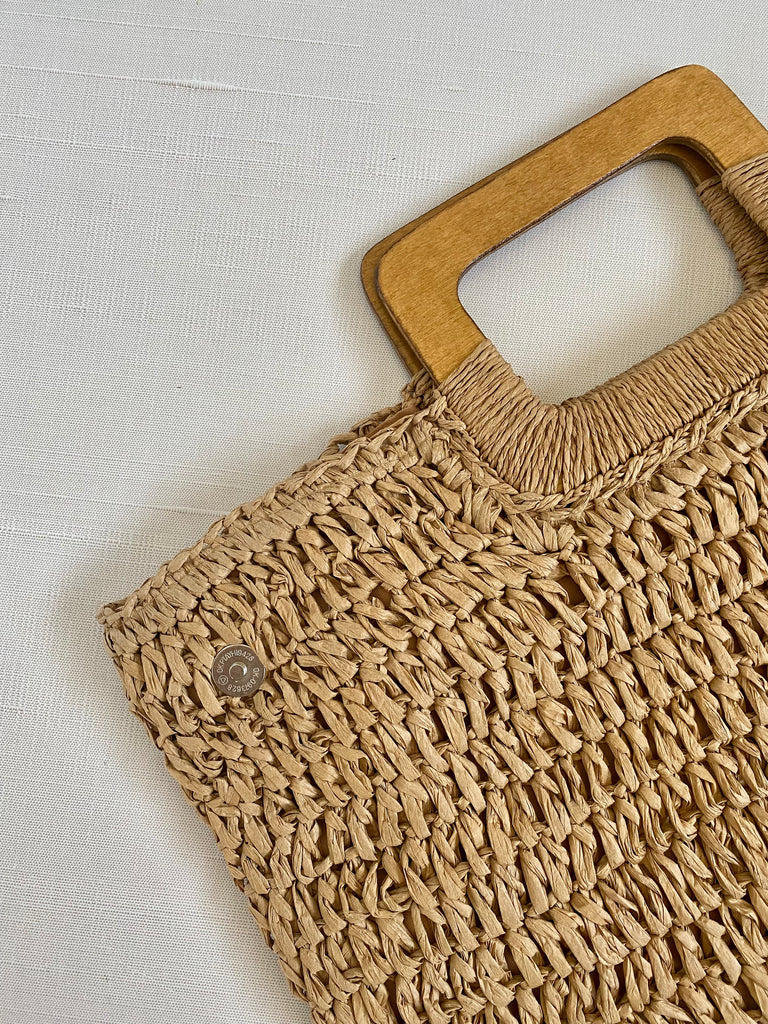 Straw Handbag with Wooden Handle