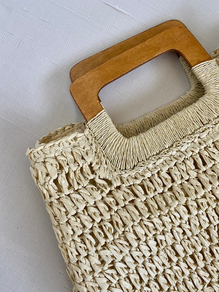 Straw Handbag with Wooden Handle